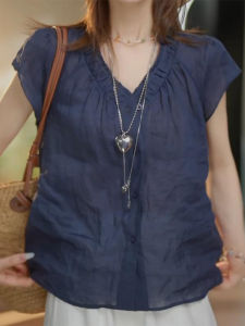 Shalldoer | Fashionable Pleated V-neck Shirt Womens Summer New Style Vintage Wood Grain Edge Slimming Versatile Top Casual Loose Fit