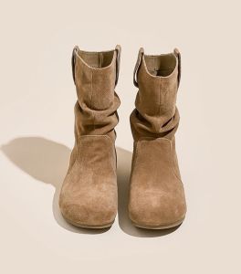 Fall Fashion Short Boots Womens Flats Increased Height 7cm Retro Lazy Style Pile Boots Trendy Flat Bottom Booties Korean Style