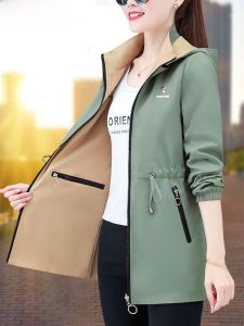Double-Sided Wear Mid-Length Jacket for Women Fashionable Mom Casual Commute Style Polyester Fiber Long Sleeve Zipper Closure