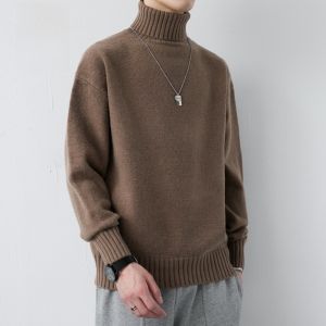 ROMON | Romon Mens High Collar Fleece Lined Loose Fit Casual Thickened Knitwear Winter Fashion Urban Style Long Sleeve Crew Neck Sweater