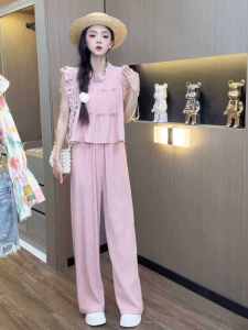 Stylish Ageless Beautiful Set Fashionable Small Fragrance Style Sleeveless Top Wide Leg Pants Two Piece Set Women Summer