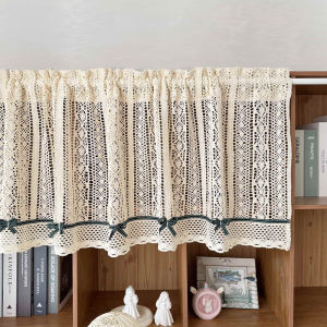 Rustic Crochet Short Curtain Valance with Dark Green Bow Farmhouse Kitchen Cafe Curtain Topper Restaurant Window Treatment Decor