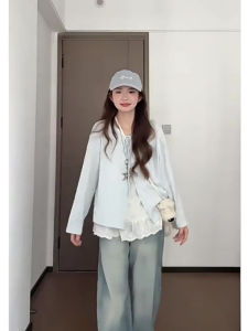 Áo Len Cardigan Dệt Kim Dài Tay Màu Xanh Cỡ Lớn Rộng Rãi Che Giấu Mỡ Cho Nữ Áo Sơ Mi Dây Mùa Thu Hai Mảnh