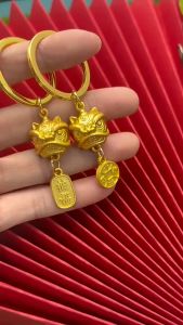 开光 Keychain  Lion Dance Head Lion Dance风水黄铜 醒狮铃铛 招财猫 财神 五帝钱 葫芦 元宝 汽车钥匙扣 FengShui Gold Lion Dragon Car Key Chain Penda保平安挂件 招财挂饰