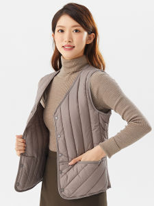 Womens Autumn Winter Fleece Lined Lightweight Thickened Vest Top Layered Cotton down Jacket V-neck Single Button Closure Solid Color
