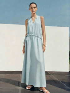 AMII | Resort Style V-Neck Rope-Bound Linen Cotton Dress