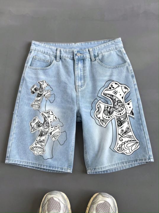 Jorts Wide Leg Denim Shorts For Men High Waist Vintage Y2k Bermuda With Cross Print Casual