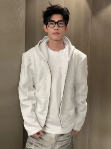 High-Weighted White Grey Hoodie Mens Fashion Shoulder Bomber Jacket Vintage Style Autumn Wearable Breathable Zipper Closure