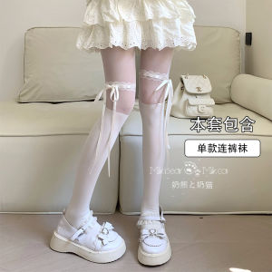 Butterfly Knot Spliced Thin White Stockings Womens Summer Milk Bear And Milk Cat Lolita Socks Pure Desire JK Pantyhose