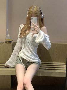 BINKAFENNY | Pure Desire Spicy Girl White Hollow Out Flared Sleeve Knitwear Womens Drawstring Long Sleeve Top Slim Fit Spring Fashion