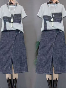 Fashionable plus Size Womens Summer Outfit round Neck Short Sleeve Top Wide Leg Pants Two Piece Set High Waist Seven Length