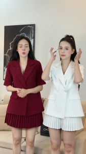 L_ Set đồ công sở hiện đại outfit dự tiệc thanh lịch đồ thiết kế áo vest cộc tay dáng suông phối chân váy xếp ly ngắn xòe