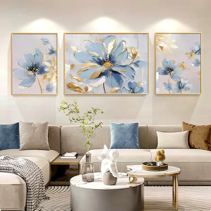 YASISHA | Modern Luxury Living Room Decor Wall Art Blue Floral Triptych