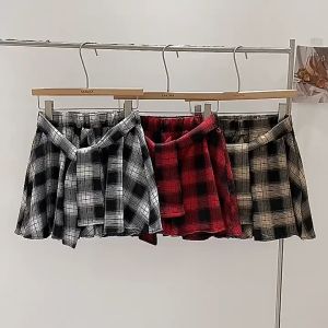 Versi Korea dari rok lipit A-line pelangsing serbaguna kotak-kotak retro baru yang populer