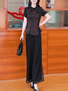 Summer Wide Leg Pants Set Womens New 2024 Mommy Style Small Collar Slimming Top Chinese National Style Two-Piece Set