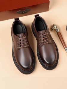 Mens Winter Leather Shoes 2025 New Retro Brown Genuine Leather Business Casual Derby British Style Heightening Wedding Shoes