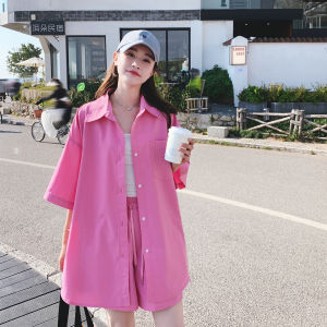 Pink Casual Fashion Set Women Summer 2025 New Small Size Slimming Versatile Shirt Wide Leg Shorts Two Piece Set