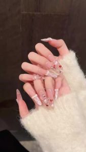 10 Bộ Móng Giả Hình Quan Tài Oval Làm Thủ Công Kiểu Dáng Ngọt Ngào Với Nơ Hồng Hình Trái Tim Dành Cho Nữ Dự Tiệc