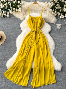 Chic Summer New Design Belted Waist Cinching Loose Wide Leg Casual Halter One Piece Overall High Waist Long Pants Womens Clothing