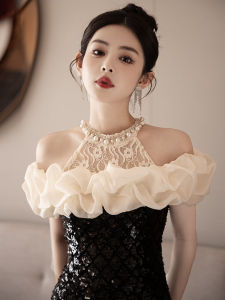 ชุดราตรีสีดำ ชุดวันเกิดผู้หญิง งานเลี้ยง ผ่าข้าง เอวกลาง กระโปรงทรงเอ กระโปรงยาวคลุมเข่า ผ้าฝ้ายโพลีเอสเตอร์