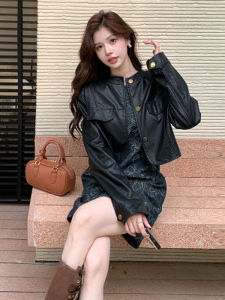 American Retro Print Denim Dress Leather Jacket Two-Piece Set Cool Autumn Outfit Whole Set Womens Fashion Ensemble