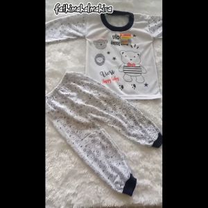 Setelan Baju Bayi Piyama Bayi Kaos Oblong Kancing Bahu Lengan Panjang Anak usia 3-12 Bulan Motif Bear