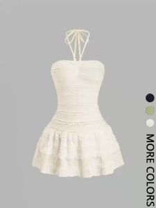 Ladies Solid Color High Elastic Fabric Backless Neckline Mini Skirt with Hem Ruffle Design Elegant Casual Style
