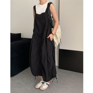 Japanese Style Casual Drawstring Pleated Strap Womens Lightweight Comfortable Breathable Fluffy Workwear Bloom Dress