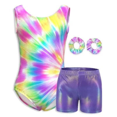 Girls Gymnastics Leotards Childrens Dancewear Clothing with Matching Shorts Hairband for Kids