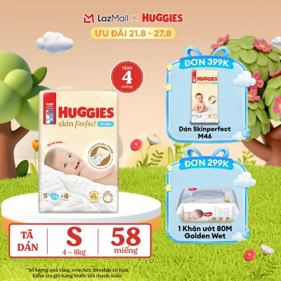 [17-24.08 QUÀ TẶNG ĐƠN 0Đ] Tã/bỉm dán sơ sinh Huggies Skin Perfect S 54+6 miếng với 2 vùng thấm giảm kích ứng da