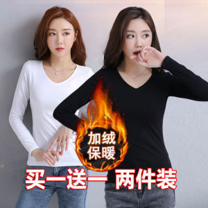 Brand Discount Thickened Fleece Lined Long Sleeve Womens T-shirt Slim Fit Underwear Base Shirt Inner Wear Korean Style round Neck
