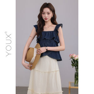 YOUXIANG | Áo Jean Tay Ruffle Bay Toc