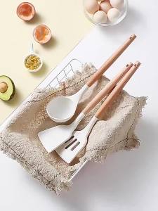 ชุดเครื่องครัวซิลิโคน 3 ชิ้น กระบวย กระบวยซุป ที่ตัก ชุดทัพพี ขาว ซิลิโคน มีความร้อน เครื่องครัว ที่จับไม้