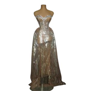 Sparkly Rhinestones Sequins Tube Dresses for Young Women High-end Evening Gown Prom Celebrate Birthday See Through Dress Photo Shoot Wear