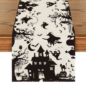 VIKAMA Halloween Table Runner Silhouette Haunted House Witch Ghost Bat Black Cat Dining Table Home Spooky Holiday Party Decor