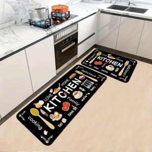 VIKAMA Kitchen Area Rug Soft Non Slip Mat with KITCHEN Lettering Kitchenware Print Washable Entryway Hallway Carpet Home Decor