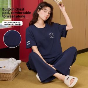 Breathable Cotton Sleepwear with Built-in Bra Summer Wearable Home Suit