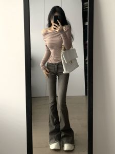 Quần Jeans Denim Ống Loe Lưng Thấp Dài Cho Nữ Mùa Xuân Hè Quần Dài Ôm Dáng Quần Jeans Ống Loe Cổ Điển Màu Xám