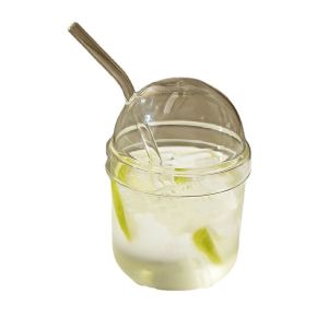 แก้วบอโรซิลิเกตทรงสูงแก้วพร้อมหลอดพกพาสะดวกน่ารักถ้วยกาแฟน้ำผลไม้ใส