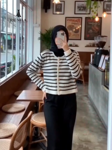 RUMIA Women Striped Knit Cardigan Korean Style Long Sleeve Button Jacket French Elegant Casual Sweater Top Women Premium Knit Cardigan Soft Fabric Round Neck Gold Button Knit Jacket Elegant Casual Wear