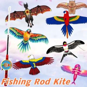 Kite With Fishing Rod Dynamic Cartoon Handheld Fishing Rod Kite With Handle Eagle Children Flying Kite Toy