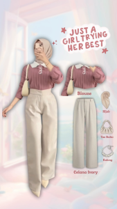 One set 3in1 Hijab Style ( Blouse Tali + Celana Ivory + Bella Square + Tas Bahu + Kalung AM71N)
