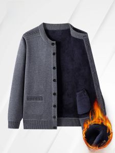 ROMON | Lormen Mens Knitted Cardigan Fleece Lined Warmth Middle-Aged And Elderly Style Sweater Coat Business Casual Long Sleeve Winter Outerwear