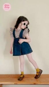 ชุดเซ็ตเอี๊ยมยีนส์ พร้อมเสื้อด้านในลายดอก สำหรับเด็กผู้หญิง น้ำหนัก 5-25กิโล รหัสGT7Q