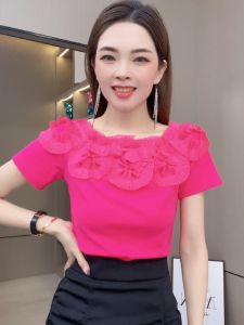 เสื้อยืดแขนสั้นผู้หญิงสไตล์เกาหลีทรงเข้ารูปพอดีตัวสำหรับฤดูร้อนปี 2023 ผ้าฝ้ายผสมคอตตอน 95% เสื้อตัวบนสไตล์เกาหลี