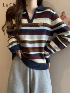 Áo Thun Dệt Kim Cổ Polo Tay Dài La Chapelle Dành Cho Nữ Mùa Thu 2025 Áo Sơ Mi Kẻ Sọc Đa Năng Che Giấu Mỡ Cơ Thể