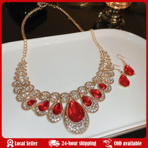 Inlaid Rhinestone Water Drop Earrings for Women Exaggerated Red Zircon Necklace Luxury Wedding Jewelry Set Luxury Necklace Earrings For Women Red Water Drop Crystal Earrings Weddings Banquet Palace Middle Women Girls Gorgeous Crystal Pearl Flower Necklack