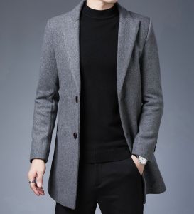 ROMON | Lormen Mens Woolen Coat Winter Thickened Medium Length Casual Business Suit Jacket Polyester Wool Blend Single Button Closure