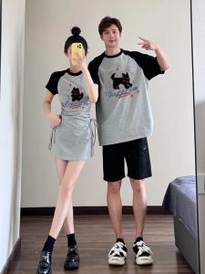 Couples Summer Outfit Short Sleeve Drawstring T-Shirt for Men And Women Matching Skirt High Waist Cotton round Neck H-Shape