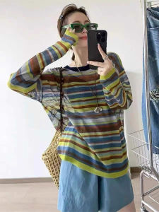 YUEZHONGWEI | Rainbow Striped Long Sleeve Ice Silk Knit Sun Protection Blouse